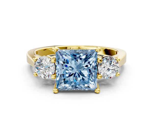 Yellow gold Fancy Blue Princess Cut Diamond Three-Stone Engagement Ring with Prong Setting and Pavé Band