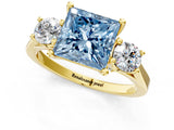 Yellow gold Fancy Blue Princess Cut Diamond Three-Stone Engagement Ring with Prong Setting and Pavé Band_1