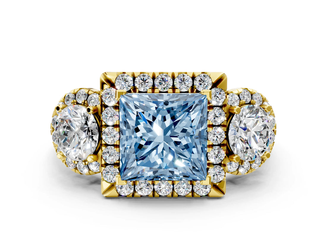 Yellow gold Fancy Blue Princess Cut Diamond Three-Stone Halo Ring with Prong Setting and Pavé Accents