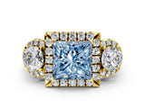 Yellow gold Fancy Blue Princess Cut Diamond Three-Stone Halo Ring with Prong Setting and Pavé Accents