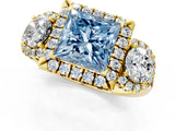 Yellow gold Fancy Blue Princess Cut Diamond Three-Stone Halo Ring with Prong Setting and Pavé Accents_1
