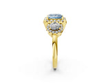 Yellow gold Fancy Blue Princess Cut Diamond Three-Stone Halo Ring with Prong Setting and Pavé Accents_2