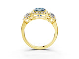 Yellow gold Fancy Blue Princess Cut Diamond Three-Stone Halo Ring with Prong Setting and Pavé Accents_3