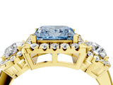 Yellow gold Fancy Blue Princess Cut Diamond Three-Stone Halo Ring with Prong Setting and Pavé Accents_4