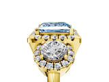 Yellow gold Fancy Blue Princess Cut Diamond Three-Stone Halo Ring with Prong Setting and Pavé Accents_5