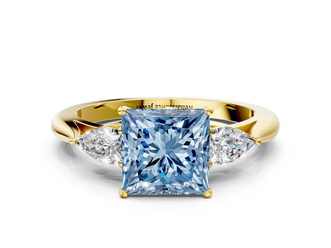 Yellow gold Fancy Blue Princess Cut Diamond Three-Stone Ring with Pear Side Stones and Four-Prong Setting_59