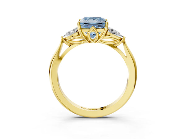 Yellow Gold Princess Cut Three Stone Pear Side Engagement Ring Setting for Fancy Blue Center