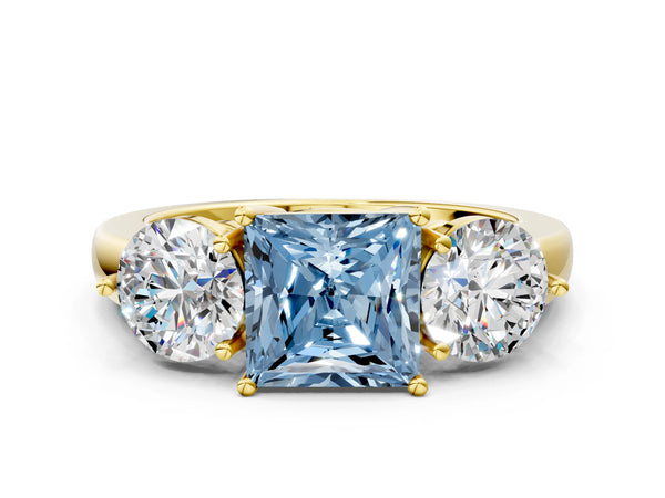 Yellow gold Fancy Blue Princess Cut Diamond Three-Stone Ring with Prong Setting and Classic Band