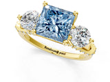 Yellow gold Fancy Blue Princess Cut Diamond Three-Stone Ring with Prong Setting and Pavé Band_1