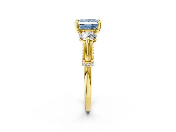 Yellow Gold Princess Cut Curved Pave Three Stone Engagement Ring Setting for Fancy Blue Center