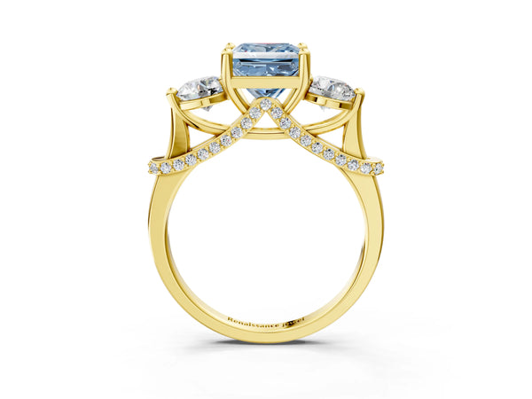 Yellow Gold Princess Cut Curved Pave Three Stone Engagement Ring Setting for Fancy Blue Center