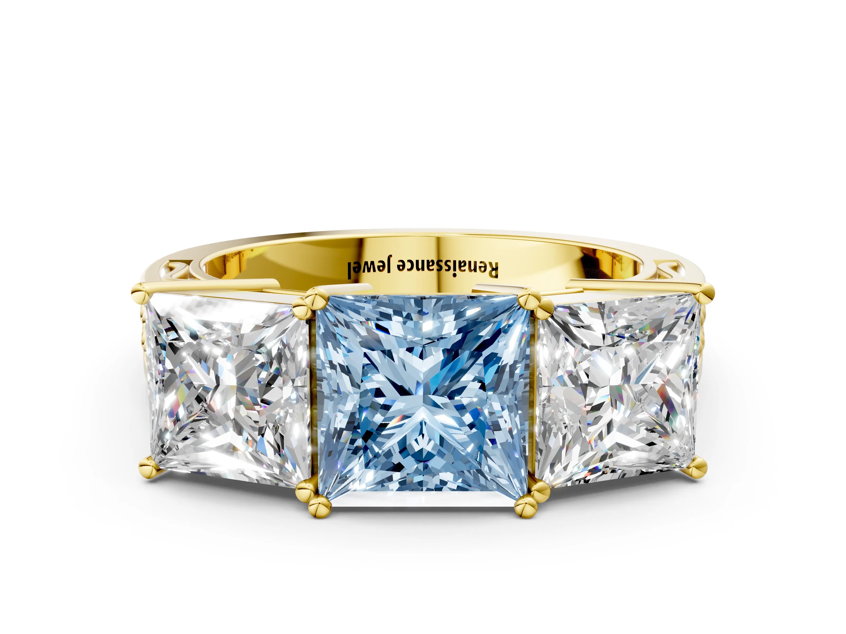 Yellow gold Fancy Blue Princess Cut Diamond Three-Stone Ring with Prong Setting and Textured Band