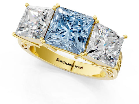 Yellow gold Fancy Blue Princess Cut Diamond Three-Stone Ring with Prong Setting and Textured Band_1