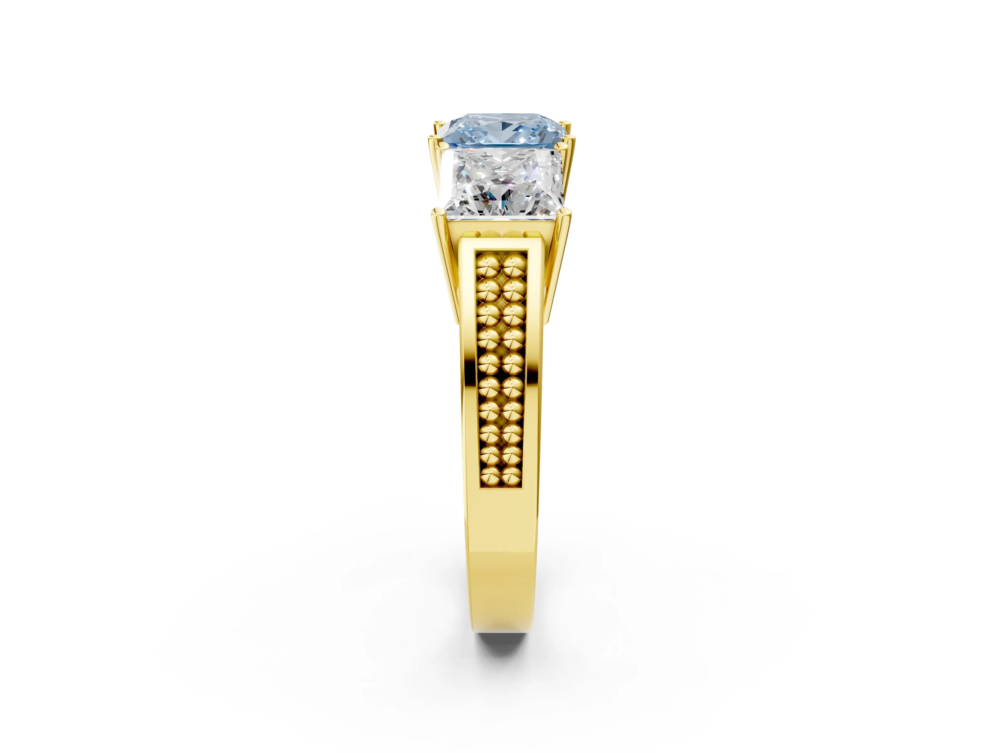 Yellow gold Fancy Blue Princess Cut Diamond Three-Stone Ring with Prong Setting and Textured Band_2