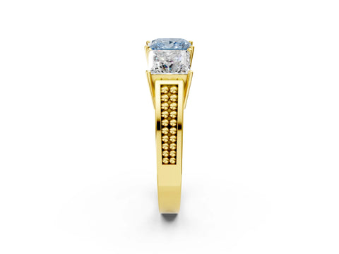 Yellow gold Fancy Blue Princess Cut Diamond Three-Stone Ring with Prong Setting and Textured Band_2