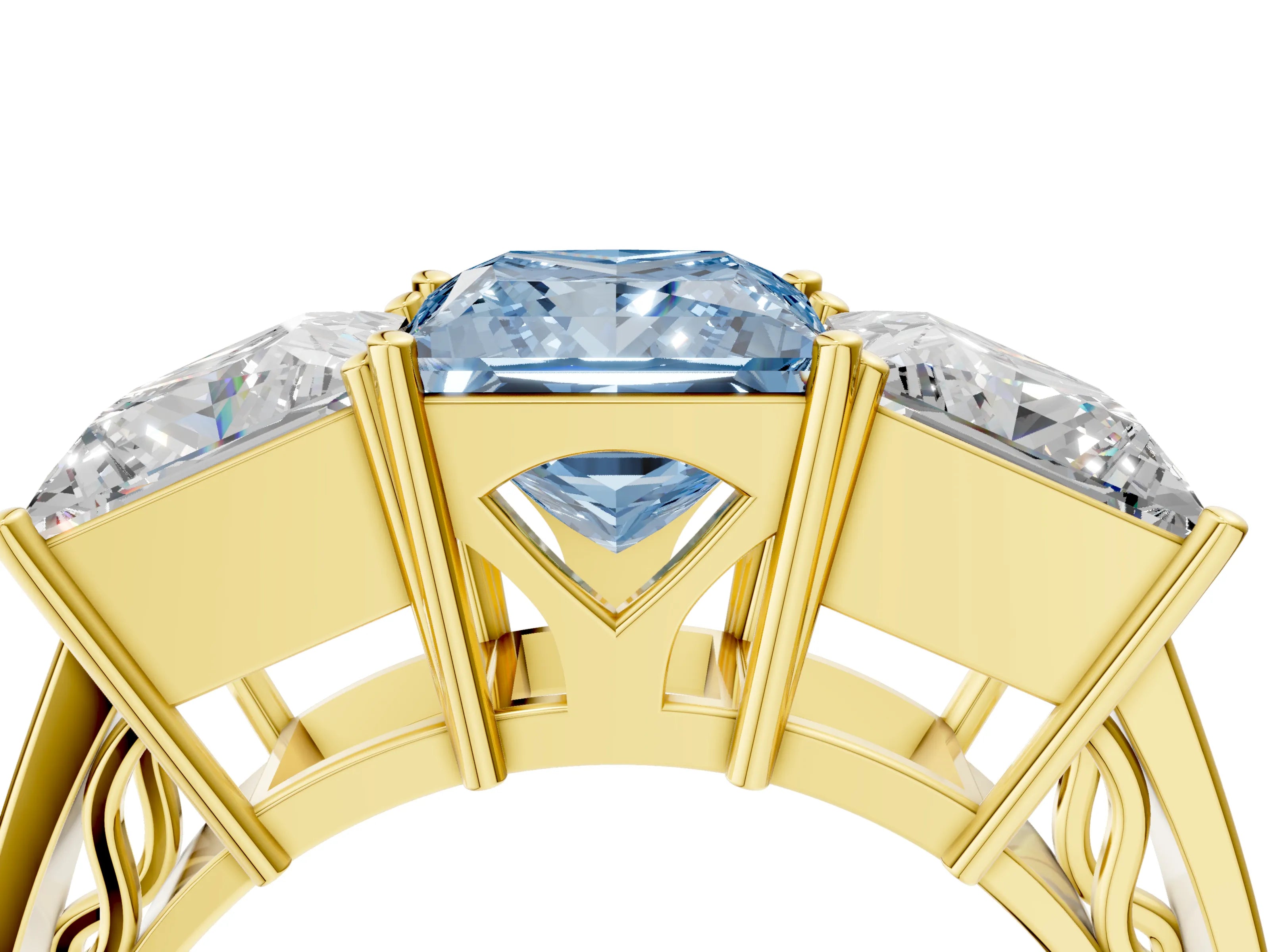 Yellow gold Fancy Blue Princess Cut Diamond Three-Stone Ring with Prong Setting and Textured Band_4
