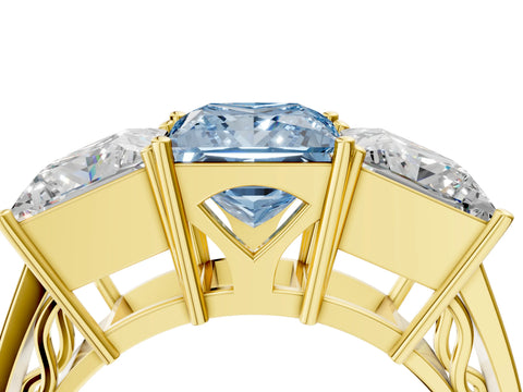 Yellow gold Fancy Blue Princess Cut Diamond Three-Stone Ring with Prong Setting and Textured Band_4