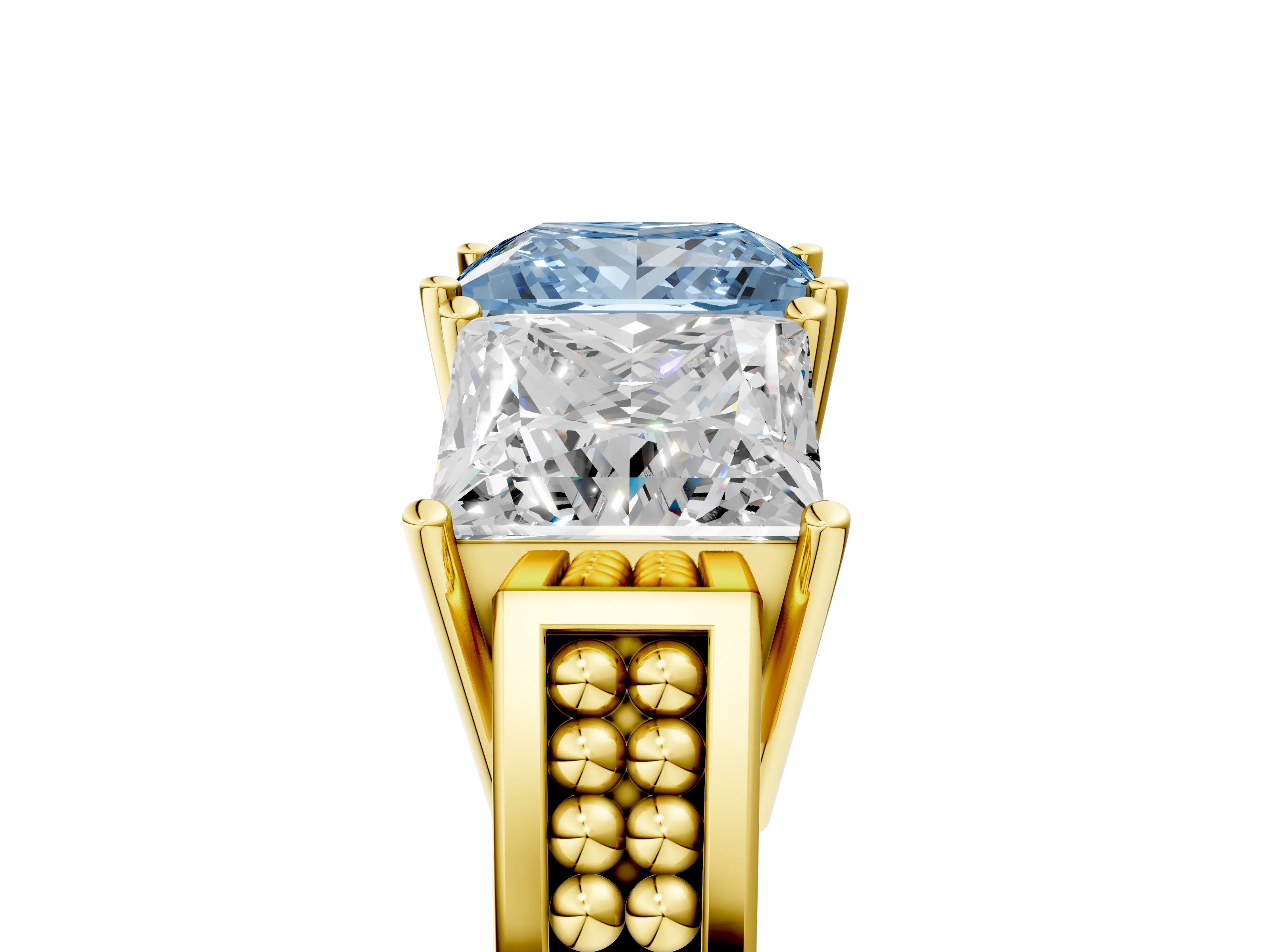 Yellow gold Fancy Blue Princess Cut Diamond Three-Stone Ring with Prong Setting and Textured Band_5
