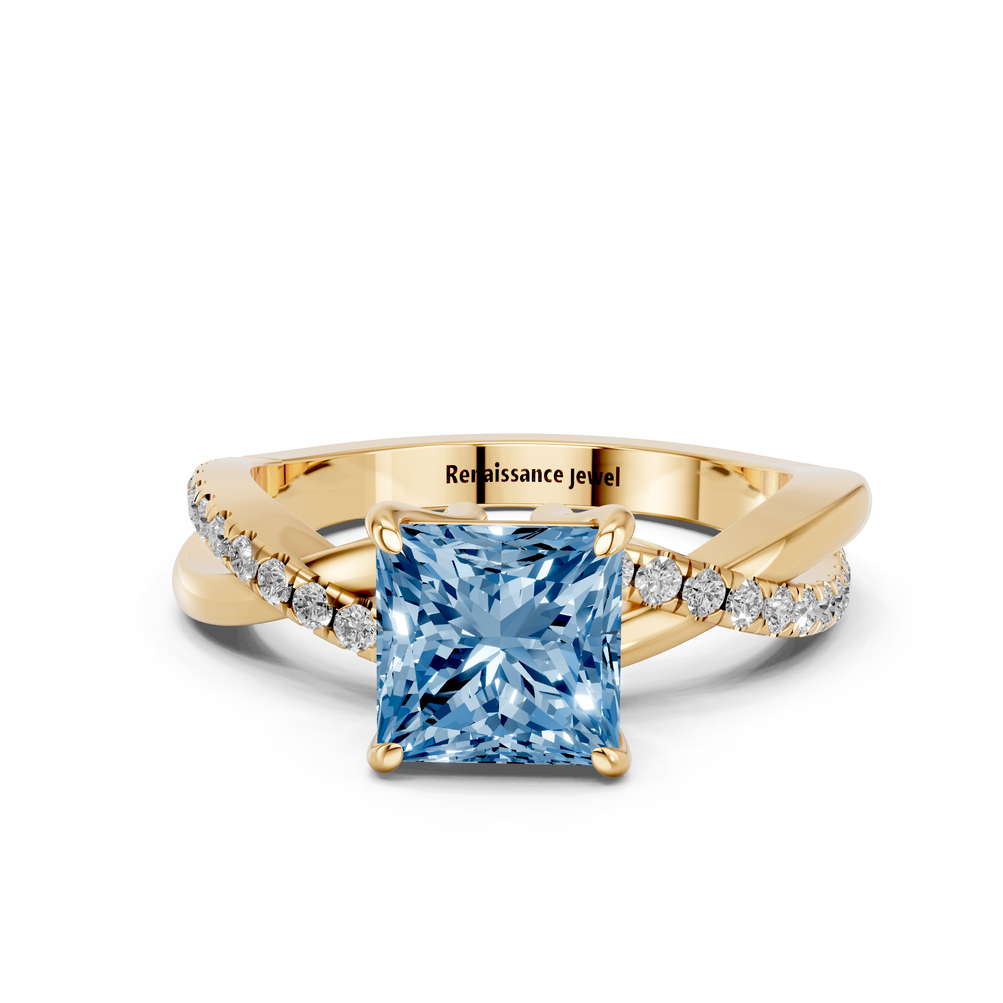 Yellow gold Fancy Blue Princess  Cut Diamond Twist Band Solitaire with Prong Setting_12
