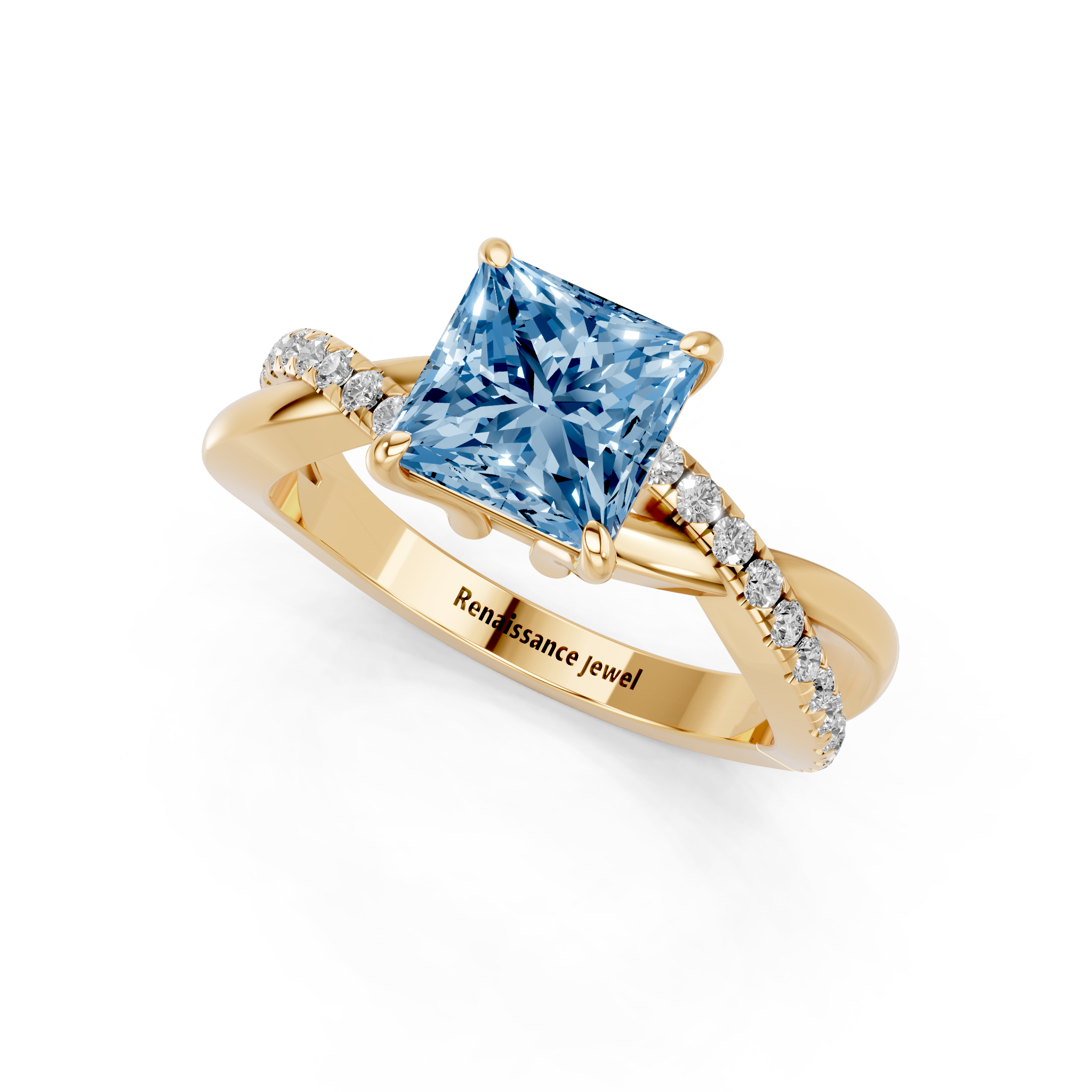 Yellow gold Fancy Blue Princess  Cut Diamond Twist Band Solitaire with Prong Setting_3