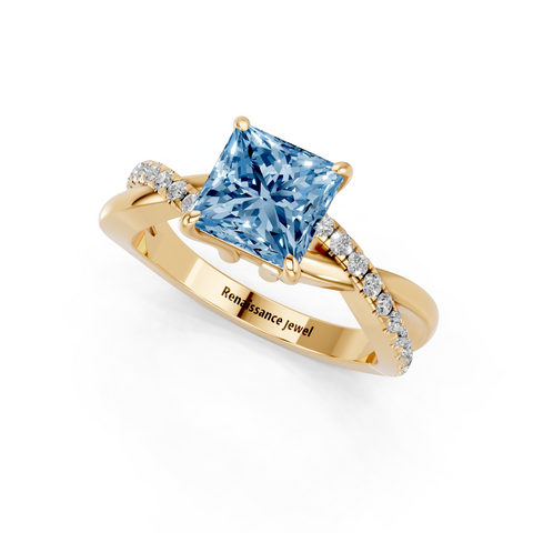 Yellow gold Fancy Blue Princess  Cut Diamond Twist Band Solitaire with Prong Setting_3