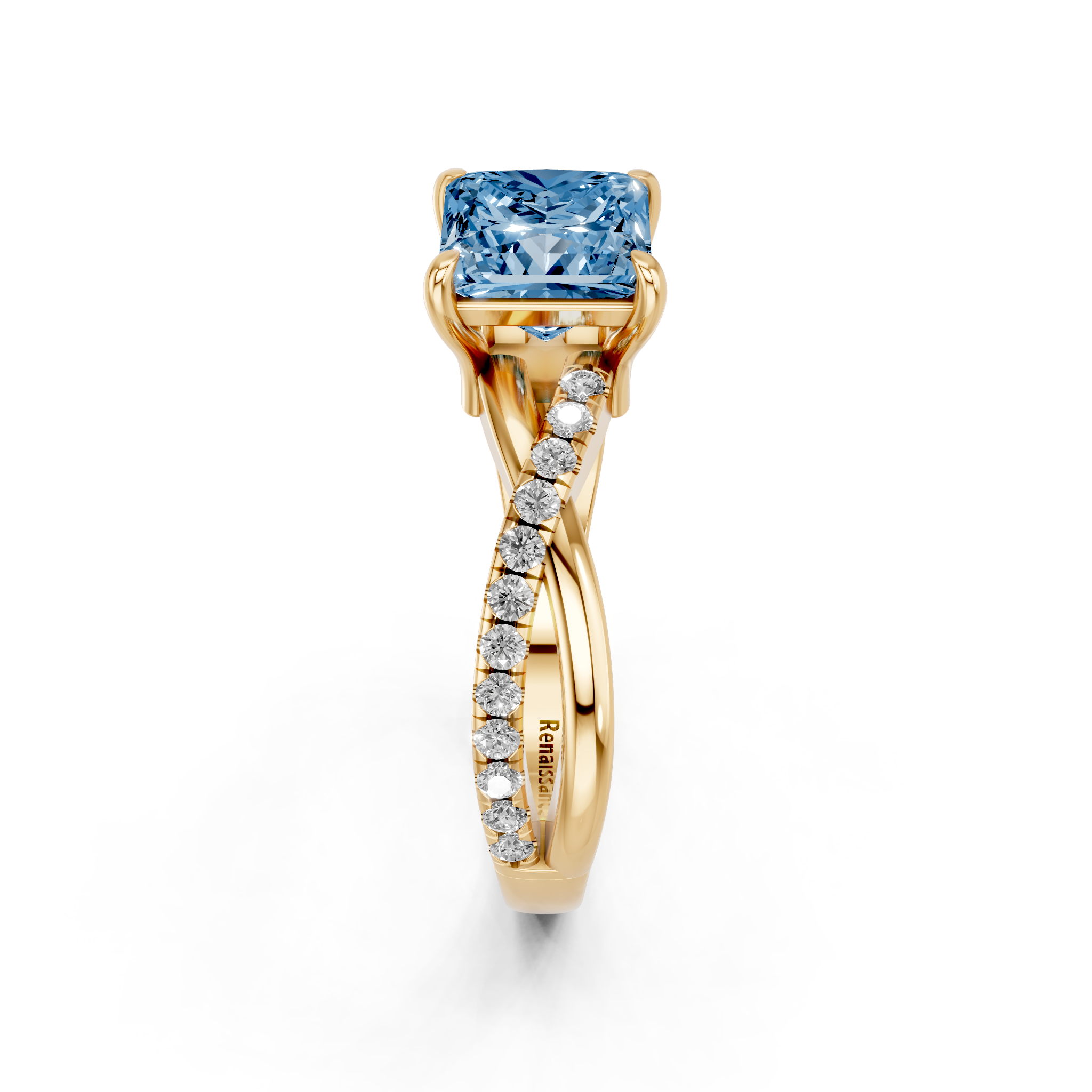 Yellow gold Fancy Blue Princess  Cut Diamond Twist Band Solitaire with Prong Setting_4