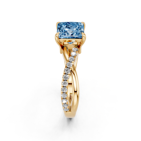 Yellow gold Fancy Blue Princess  Cut Diamond Twist Band Solitaire with Prong Setting_4