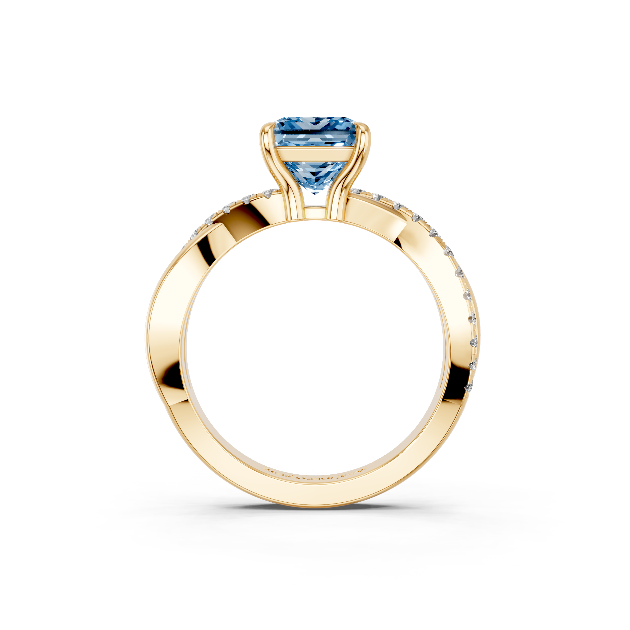 Yellow gold Fancy Blue Princess  Cut Diamond Twist Band Solitaire with Prong Setting_5