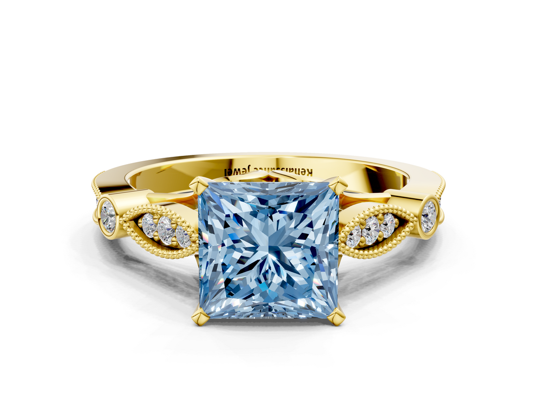 Yellow gold Fancy Blue Princess  Cut Diamond with Milgrain Marquise and Bezel Accents on a Solitaire Band with Prong Setting_207
