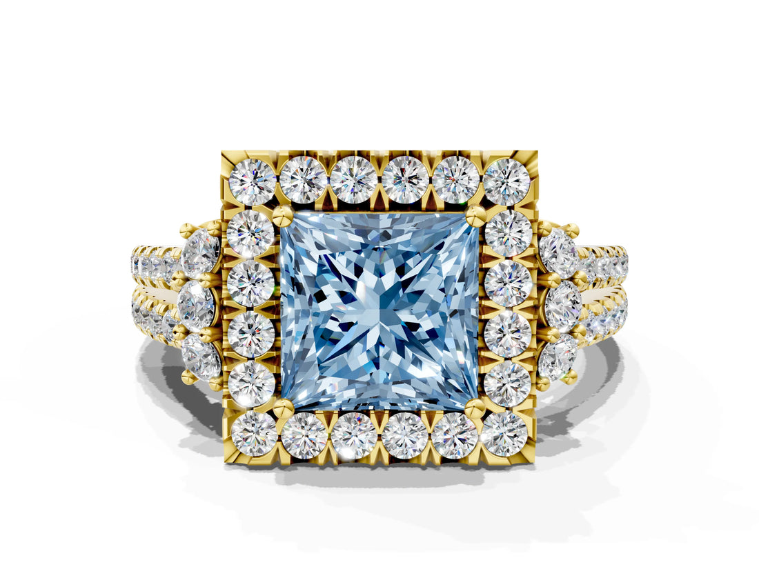 Yellow gold Fancy Blue Princess  Cut Double Halo Diamond Engagement Ring with Pave Band and Four-Prong Setting_42