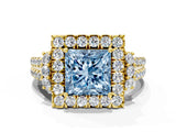 Yellow gold Fancy Blue Princess  Cut Double Halo Diamond Engagement Ring with Pave Band and Four-Prong Setting_42