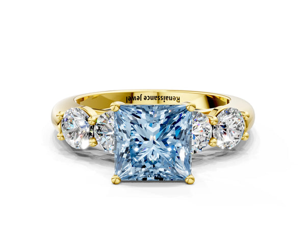 Yellow gold Fancy Blue Princess  Cut Five-Stone Prong Set Diamond Ring with Classic Band