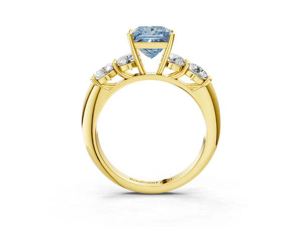 Yellow gold Fancy Blue Princess  Cut Five-Stone Prong Set Diamond Ring with Classic Band