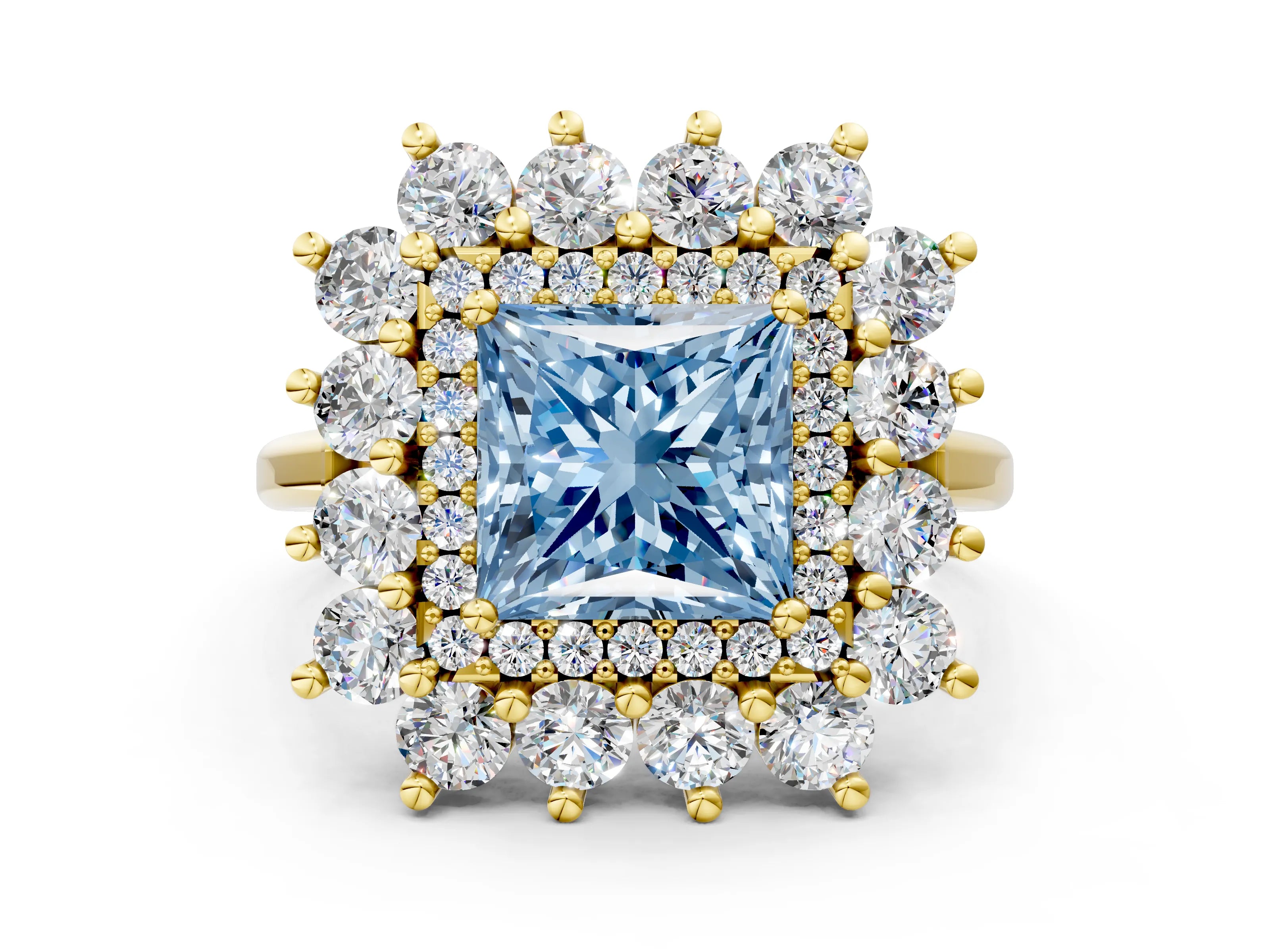 Yellow gold Fancy Blue Princess Cut Halo Cluster Diamond Ring with Pave Band and Four-Prong Setting
