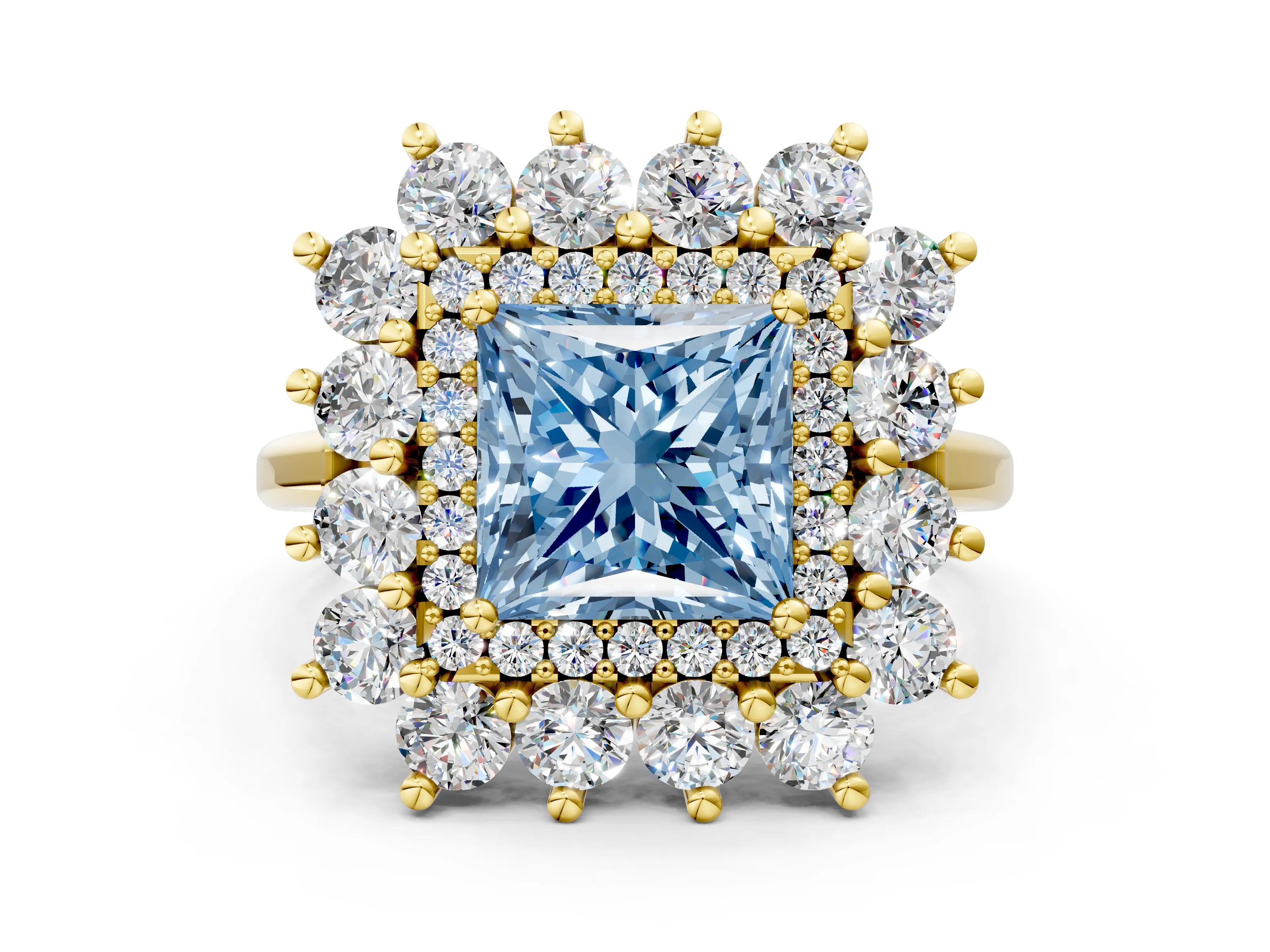 Yellow gold Fancy Blue Princess Cut Halo Cluster Diamond Ring with Pave Band and Four-Prong Setting_12
