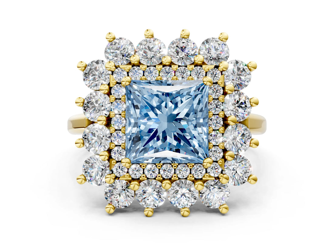 Yellow gold Fancy Blue Princess Cut Halo Cluster Diamond Ring with Pave Band and Four-Prong Setting_12