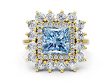 Yellow gold Fancy Blue Princess Cut Halo Cluster Diamond Ring with Pave Band and Four-Prong Setting_12