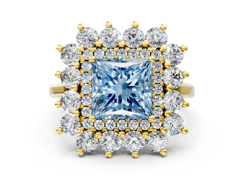 Yellow gold Fancy Blue Princess Cut Halo Cluster Diamond Ring with Pave Band and Four-Prong Setting_12