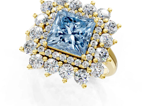Yellow gold Fancy Blue Princess Cut Halo Cluster Diamond Ring with Pave Band and Four-Prong Setting_13