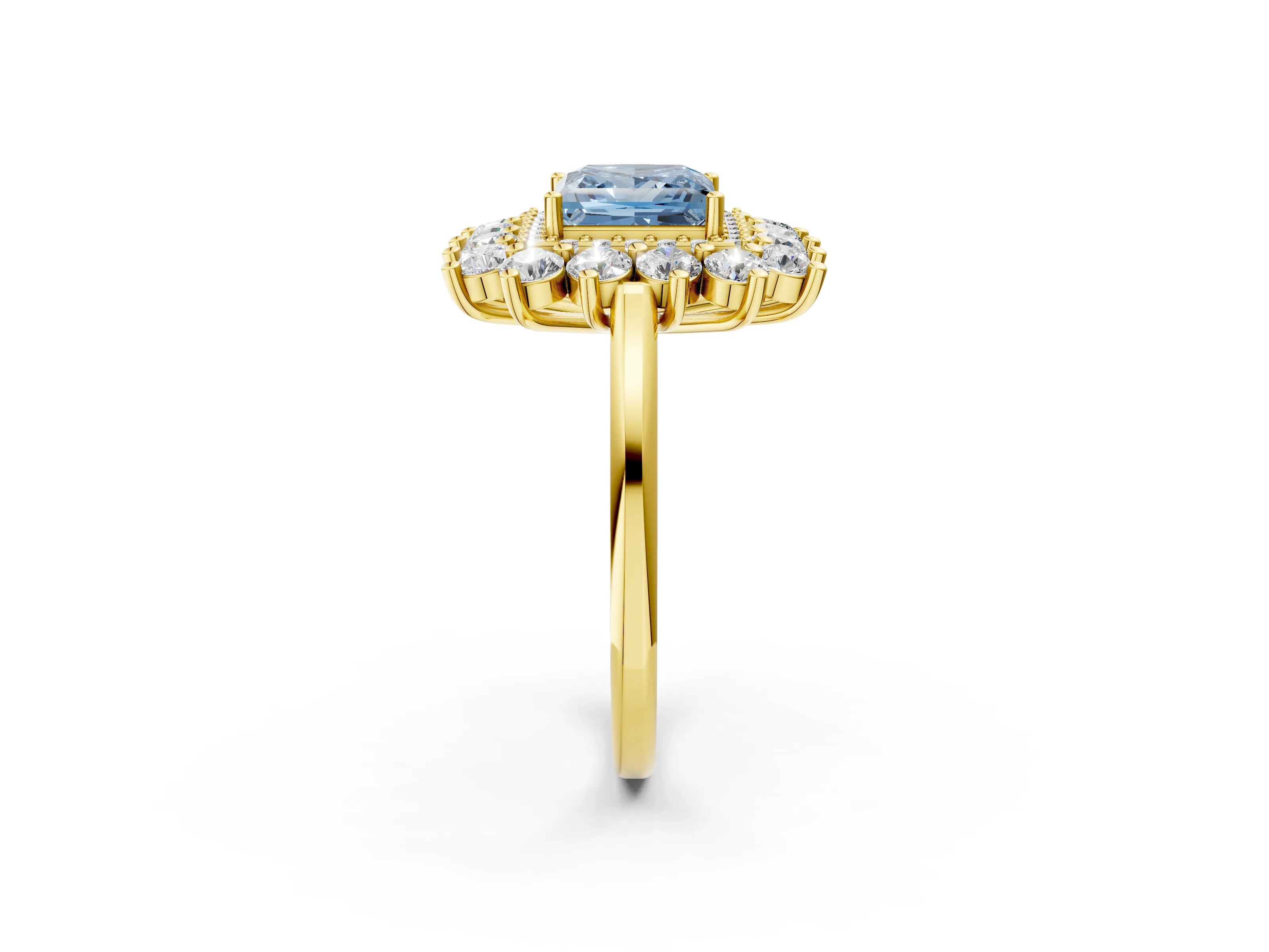 Yellow gold Fancy Blue Princess Cut Halo Cluster Diamond Ring with Pave Band and Four-Prong Setting_14