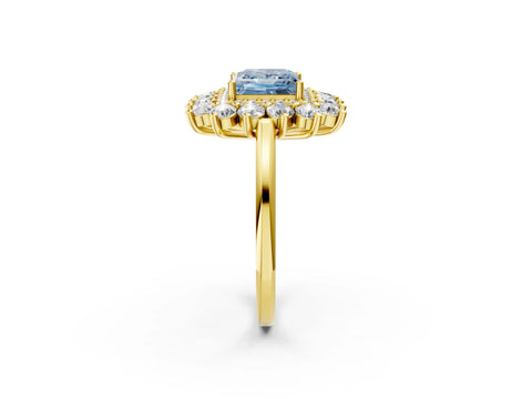 Yellow gold Fancy Blue Princess Cut Halo Cluster Diamond Ring with Pave Band and Four-Prong Setting_14