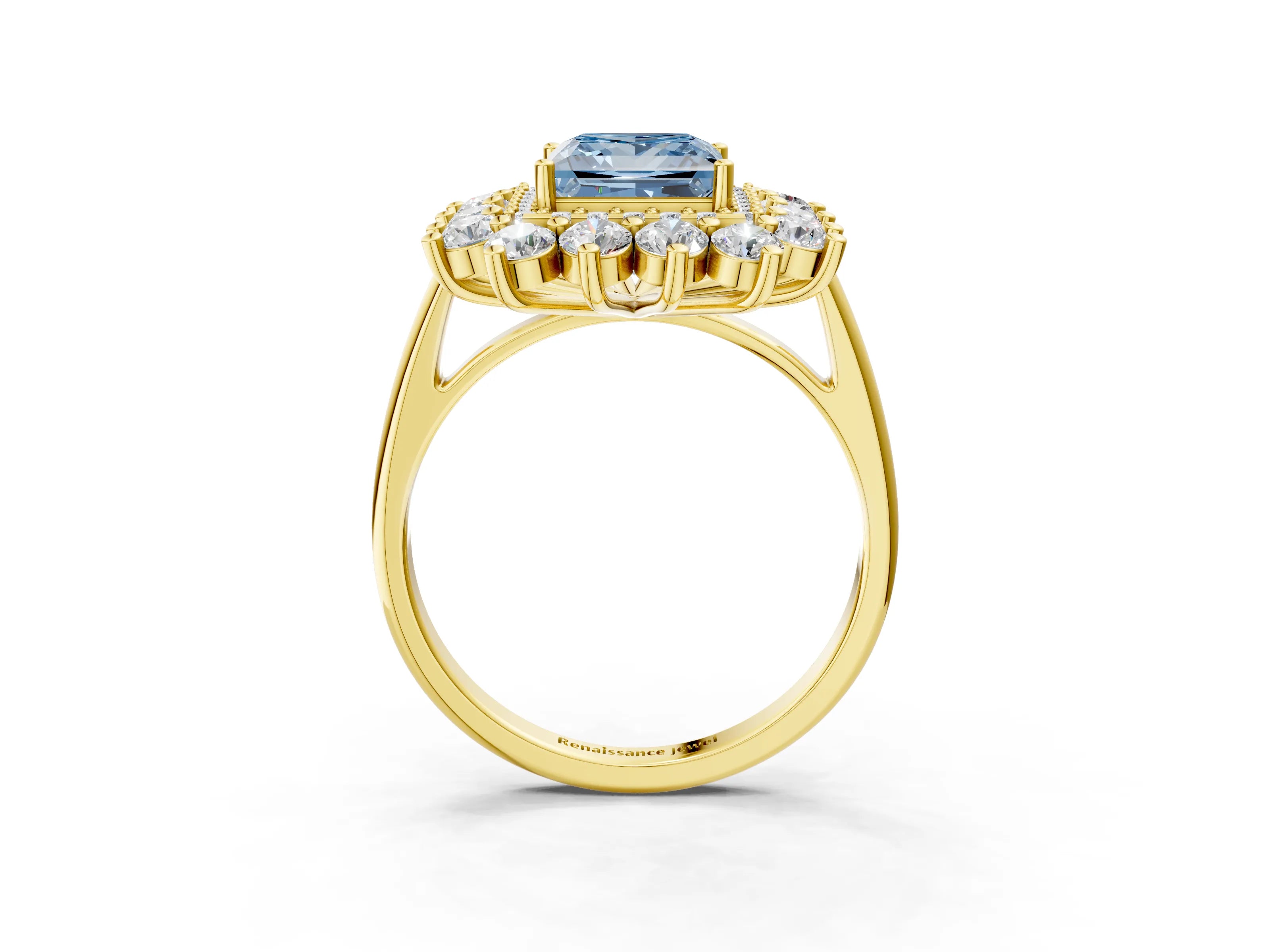 Yellow gold Fancy Blue Princess Cut Halo Cluster Diamond Ring with Pave Band and Four-Prong Setting_15