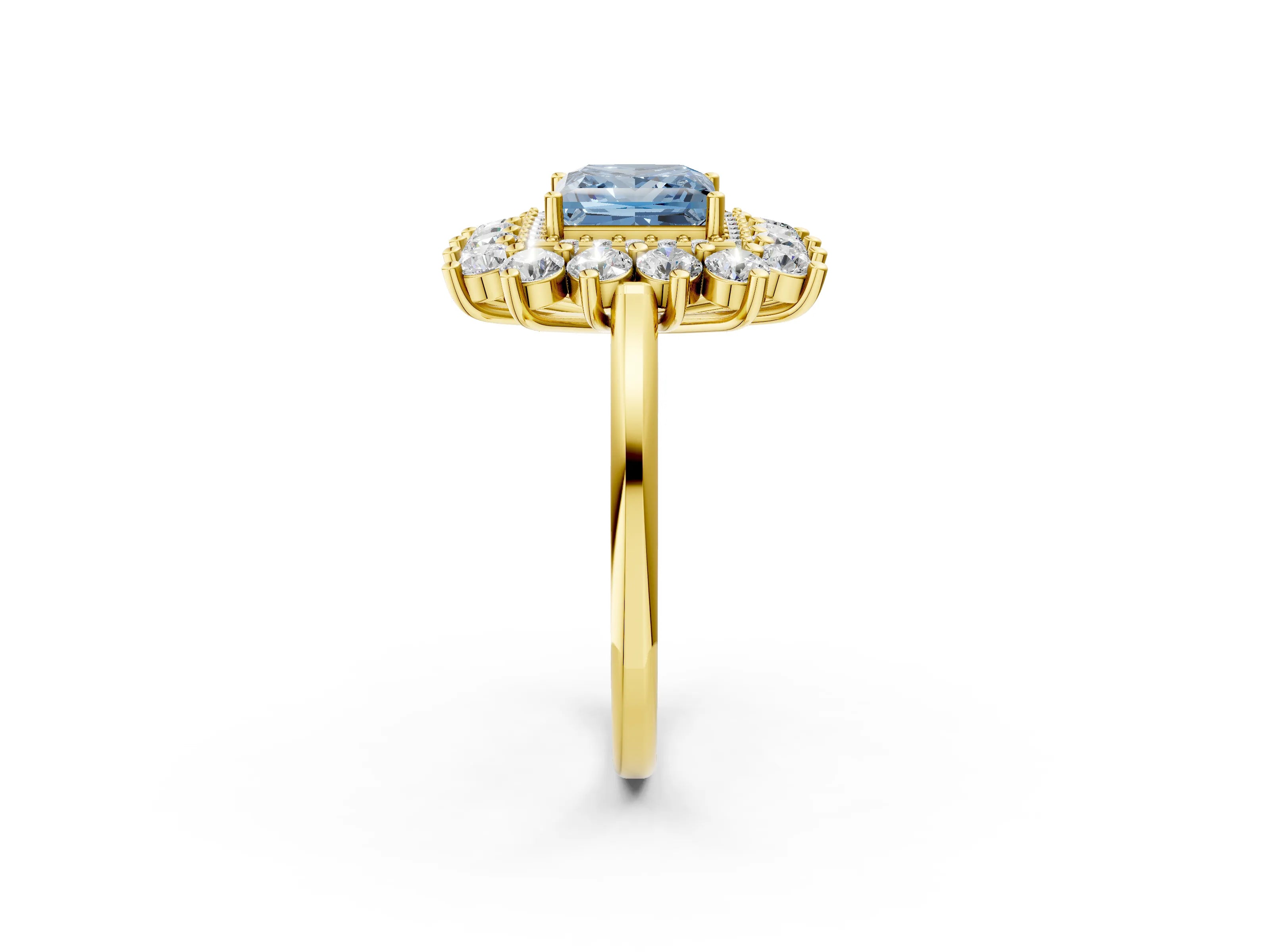 Yellow gold Fancy Blue Princess Cut Halo Cluster Diamond Ring with Pave Band and Four-Prong Setting_2