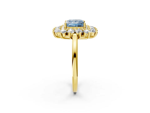 Yellow gold Fancy Blue Princess Cut Halo Cluster Diamond Ring with Pave Band and Four-Prong Setting_2