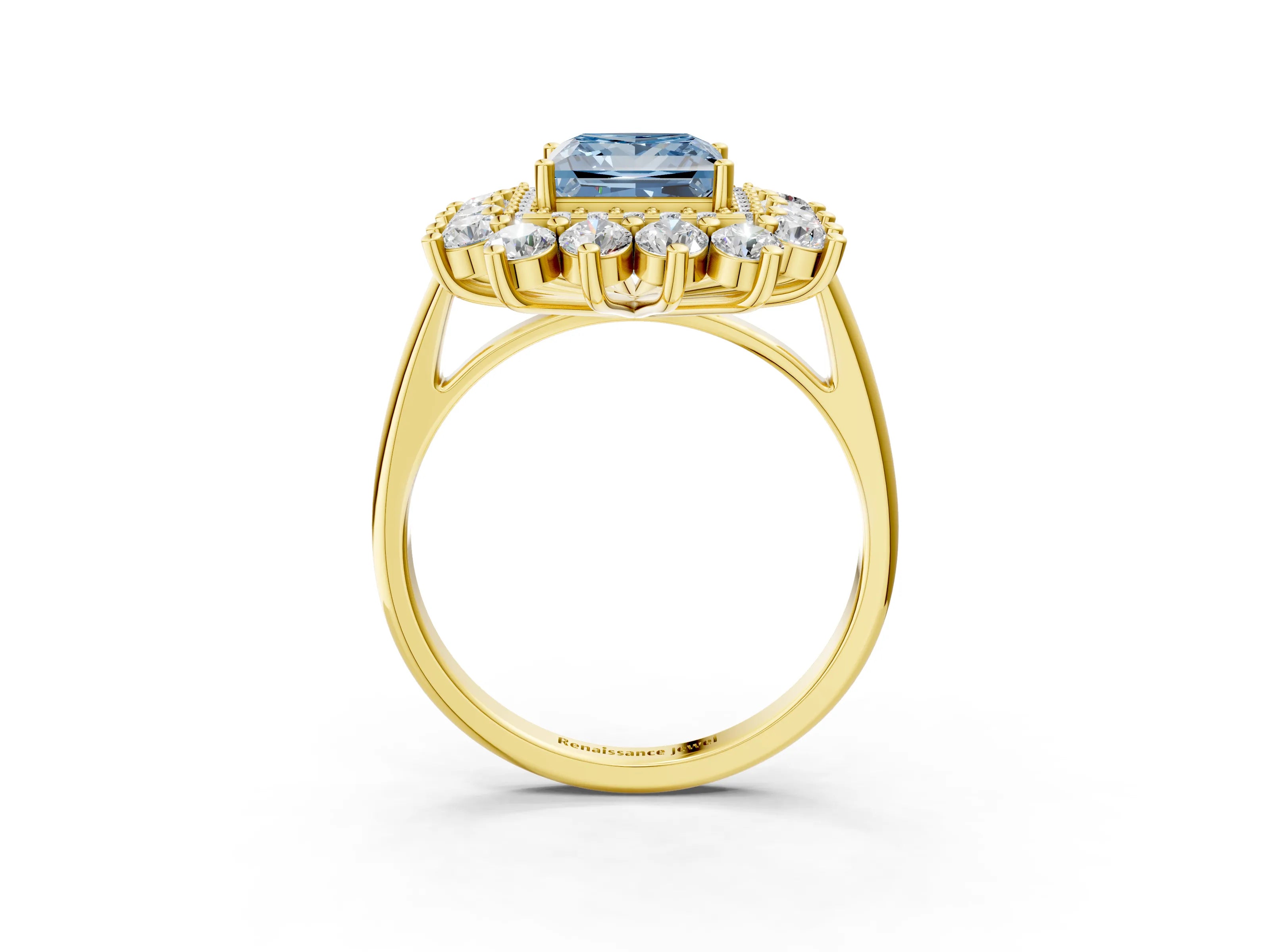 Yellow gold Fancy Blue Princess Cut Halo Cluster Diamond Ring with Pave Band and Four-Prong Setting_3