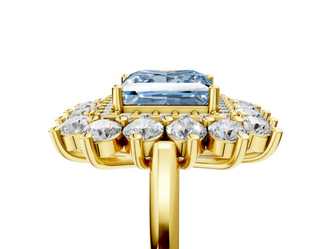 Yellow gold Fancy Blue Princess Cut Halo Cluster Diamond Ring with Pave Band and Four-Prong Setting_5