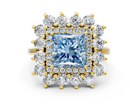 Yellow gold Fancy Blue Princess Cut Halo Cluster Diamond Ring with Pave Band and Four-Prong Setting