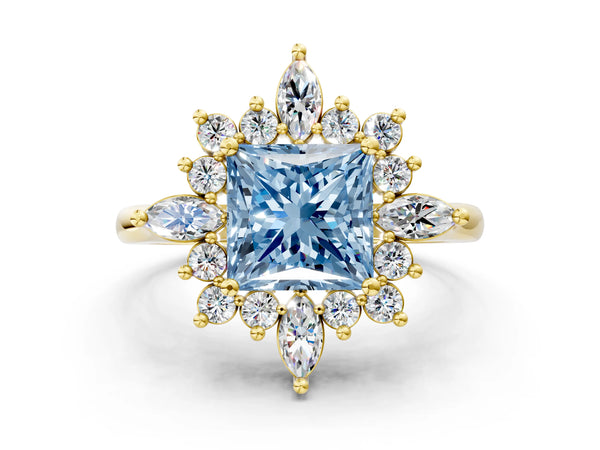 Yellow gold Fancy Blue Princess Cut Halo Diamond Cluster Ring with Marquise and Round Stones on a White Gold Band with Prong Setting