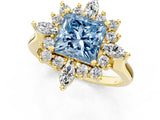 Yellow gold Fancy Blue Princess Cut Halo Diamond Cluster Ring with Marquise and Round Stones on a White Gold Band with Prong Setting_1