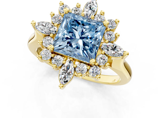 Yellow gold Fancy Blue Princess Cut Halo Diamond Cluster Ring with Marquise and Round Stones on a White Gold Band with Prong Setting